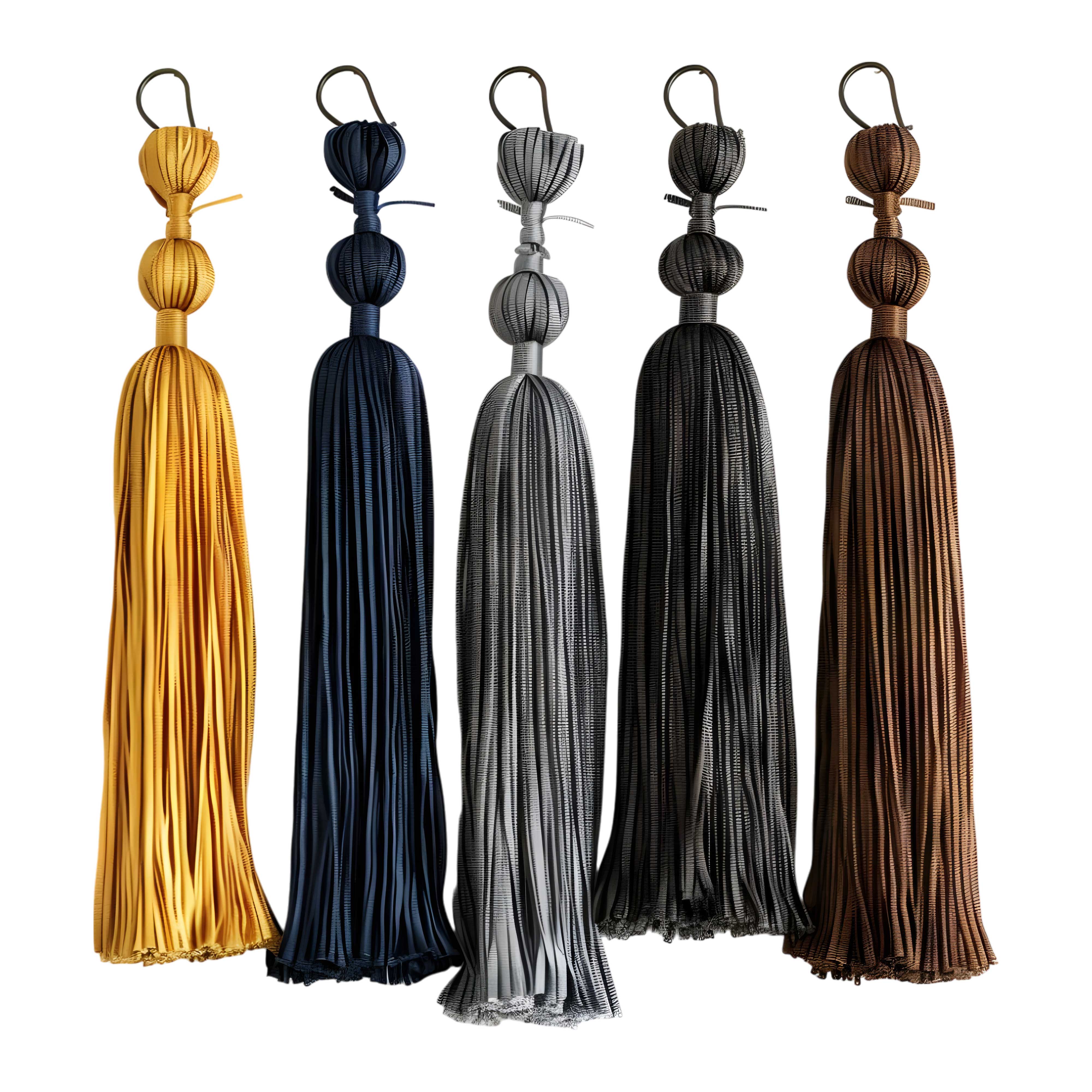 Elegant handcrafted curtain tassels tied around a luxurious curtain