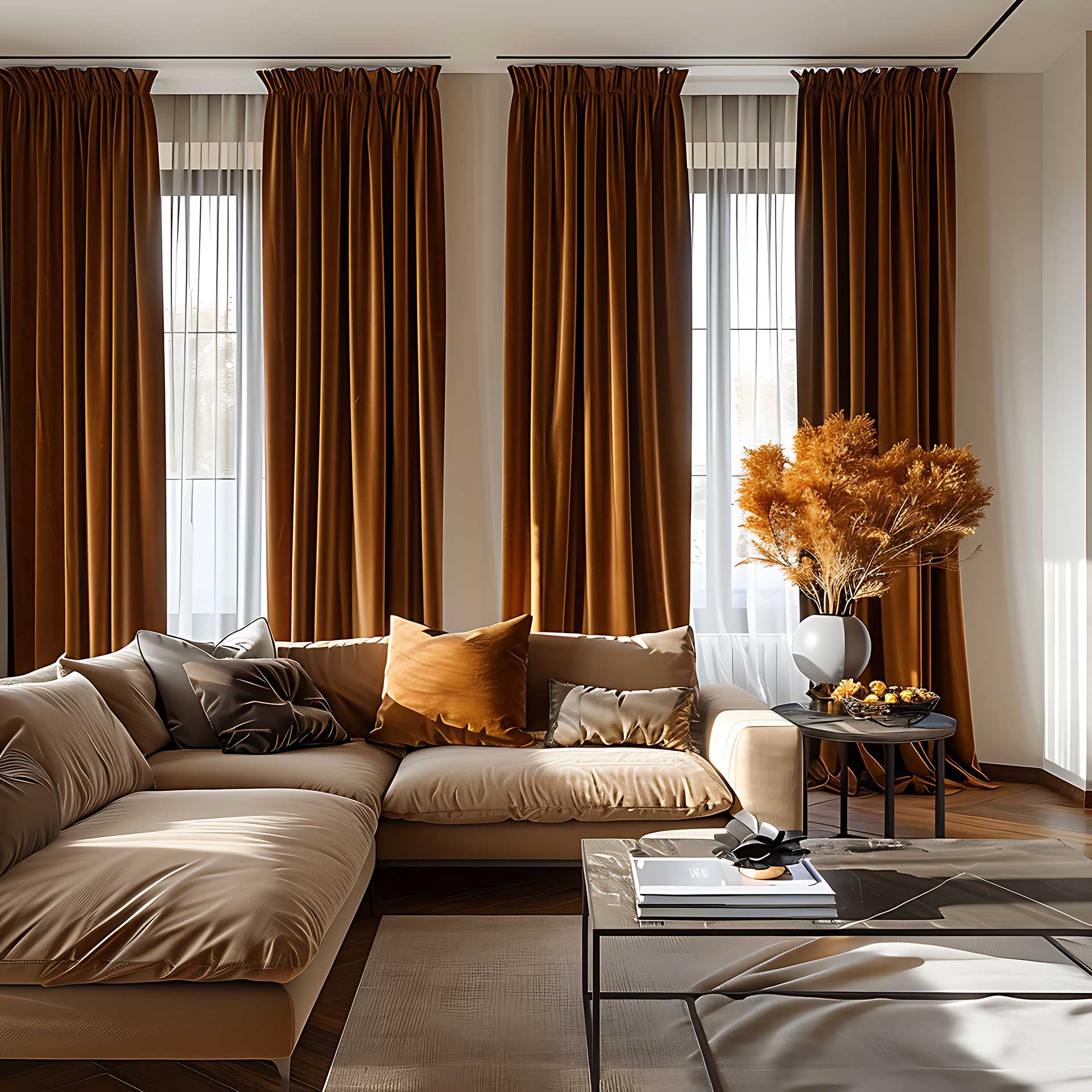 Elegant living room with custom-made residential curtains