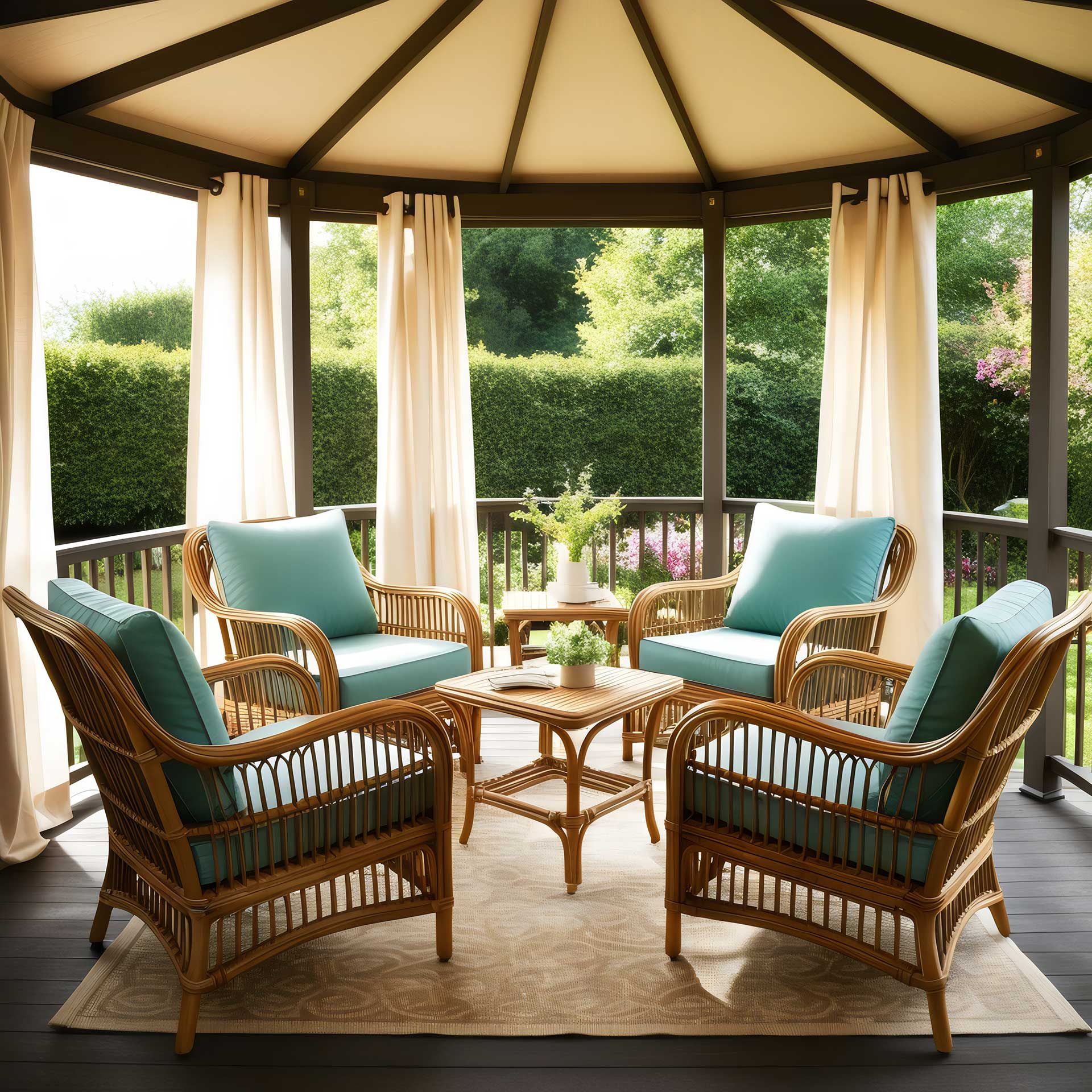 Custom outdoor curtains enclosing a stylish patio area in Dubai