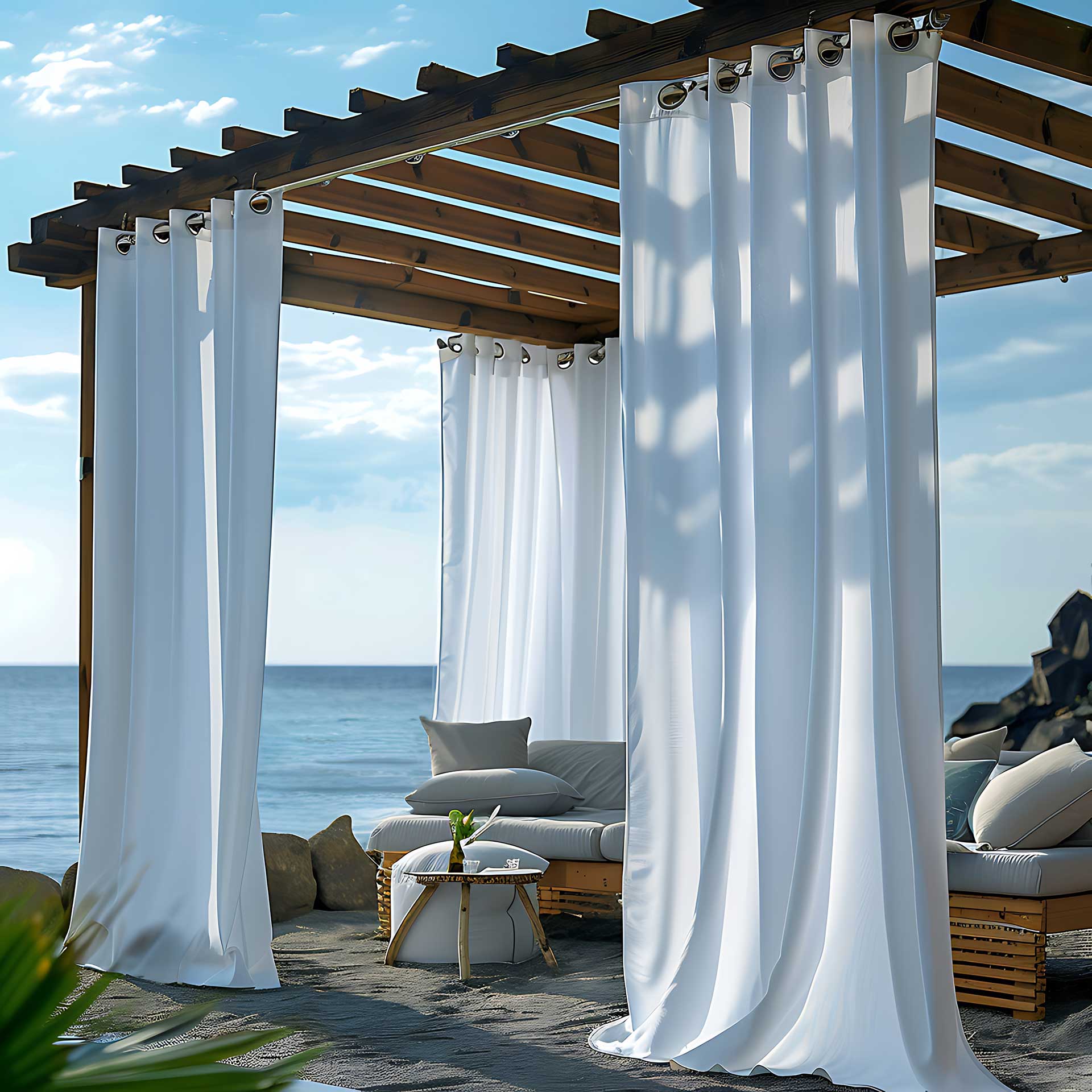 Mesh outdoor curtains providing privacy and ventilation